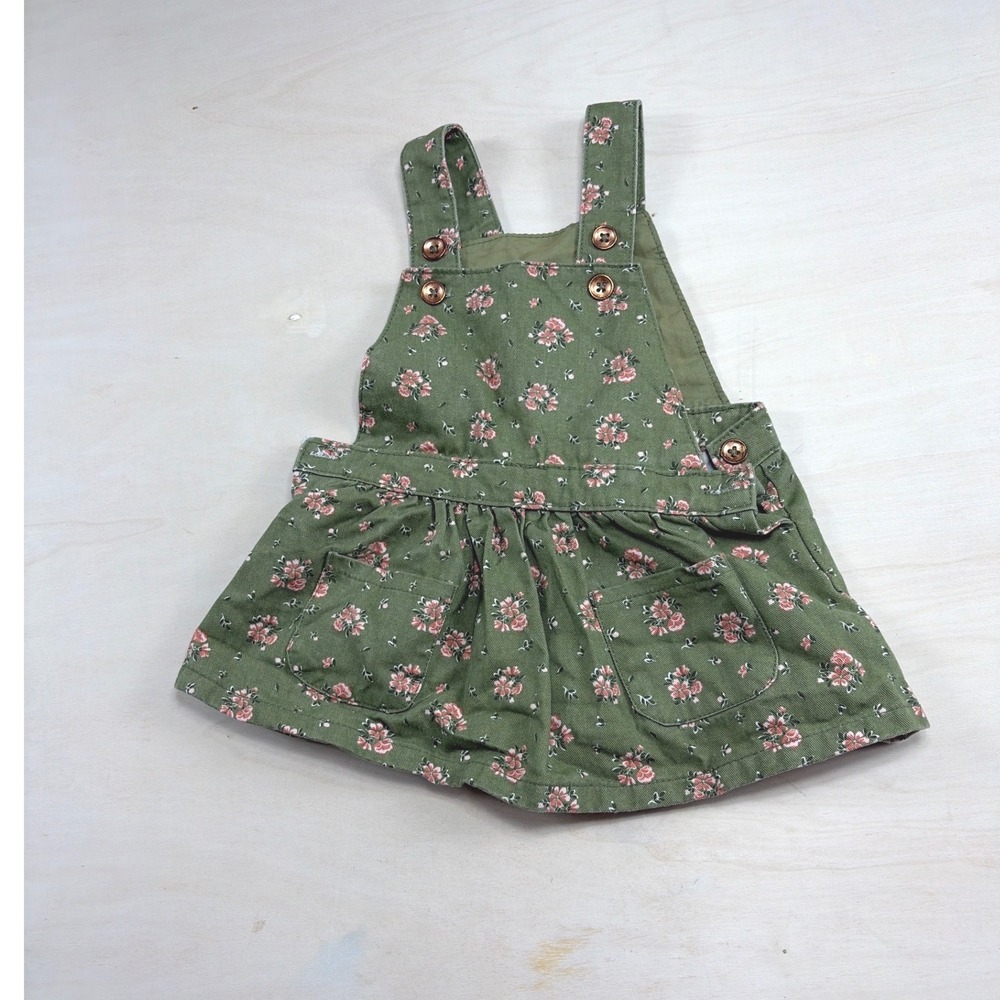 Daisy Fuentes Baby Girl 12M Olive Green Floral Corduroy Pinafore Jumper Dress